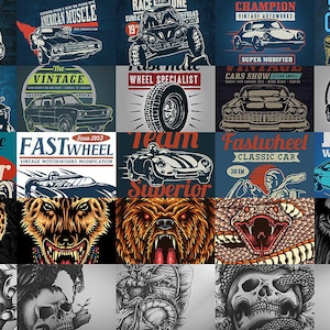 May include: A collection of graphic designs featuring vintage cars, auto repair themes, and animal illustrations. The designs include text such as "American Muscle", "Fastwheel", and "Ride with the Devil". The color palette includes shades of blue, red, and brown.