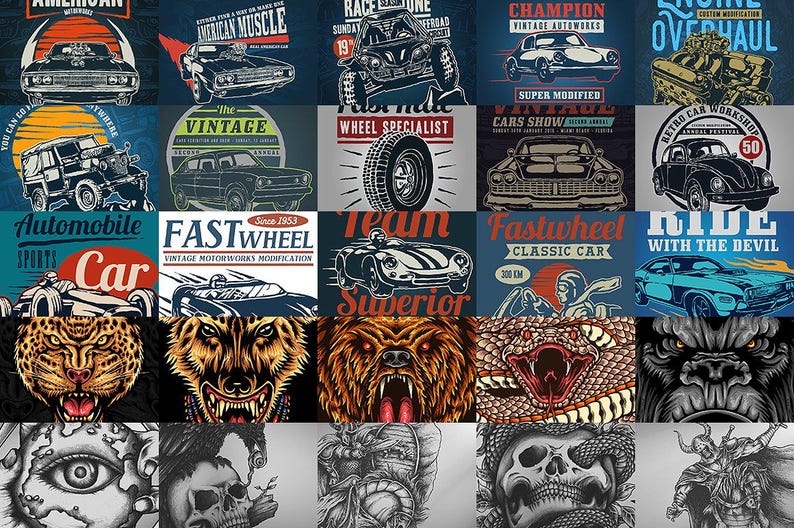 May include: A collection of graphic designs featuring vintage cars, auto repair themes, and animal illustrations. The designs include text such as "American Muscle", "Fastwheel", and "Ride with the Devil". The color palette includes shades of blue, red, and brown.