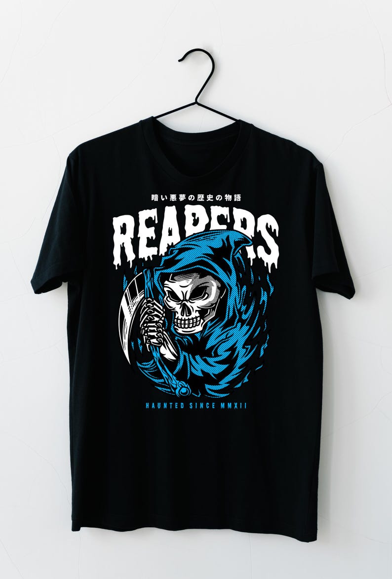 May include: Black t-shirt featuring a grim reaper graphic in white and blue. The design includes the word "REAPERS" in a dripping font, a skull, and the text "HAUNTED SINCE MMXII". The shirt is hanging on a black hanger.