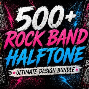 Puede incluir: Imagen promocional de un paquete de diseños de bandas de rock. El texto "500+ Rock Band Halftone Ultimate Design Bundle" está en blanco, rosa y azul. Se ven logotipos de bandas como Iron Maiden y Guns N' Roses.
