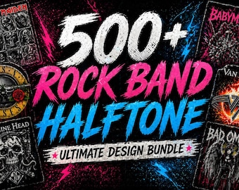 500+ Rock Band T-Shirt Design Bundle Halftone Vintage PNG Streetwear Graphic Pack DTF Sublimation Designs POD Ready Commercial Use Halftone