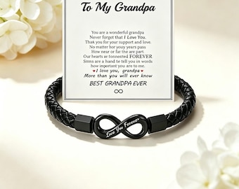 To My Grandpa Bracelet Personalized Infinity Leather Band Custom Engraved Gift for Him Magnetic Clasp Mens Wristband Grandfather Birthday