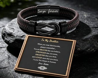 To My Brother Custom Engraved Bracelet Black Leather Braided Magnetic Knot Mens Gift