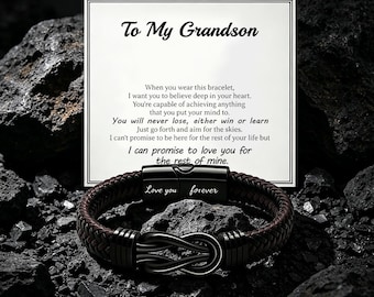 To My Grandson Bracelet Personalized Infinity Leather Band Custom Engraved Gift for Him Magnetic Clasp Mens Wristband Grandparent Birthday
