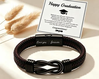 Happy Graduation Bracelet Personalized Infinity Leather Band Custom Engraved Mens Wristband Grad Gift 2026 Magnetic Clasp for Him