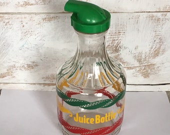 Vintage 1950s Juice Bottle, Mid Century Juice Carafe with Pour Spout, Red Green Yellow with Green Plastic Lid