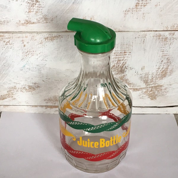 Vintage 1950s Juice Bottle, Mid Century Juice Carafe with Pour Spout, Red Green Yellow with Green Plastic Lid