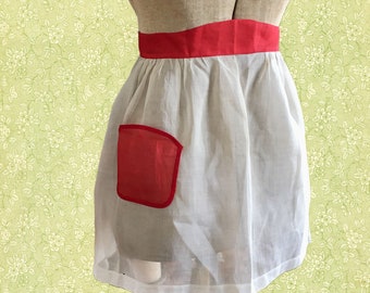 1950s Hostess Apron, Vintage Sheer Apron in White and Red