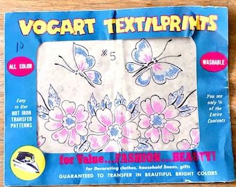 Vintage Vogart Color Transfer Vogart Textilprints Butterflies and Flowers Full Color Hot Iron Transfers