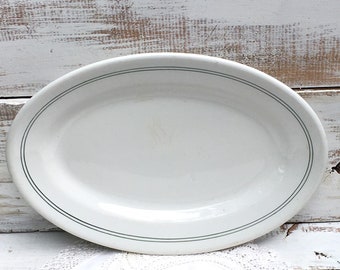 Vintage Restaurant Ware  Platter Buffalo China, Made in USA, White Platter with green line, 13" Platter