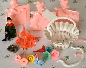 Vintage Cake Decorating and Party Favor Lot, 1950s 1960s Plastic Cake Decorations and Party Favor Baskets