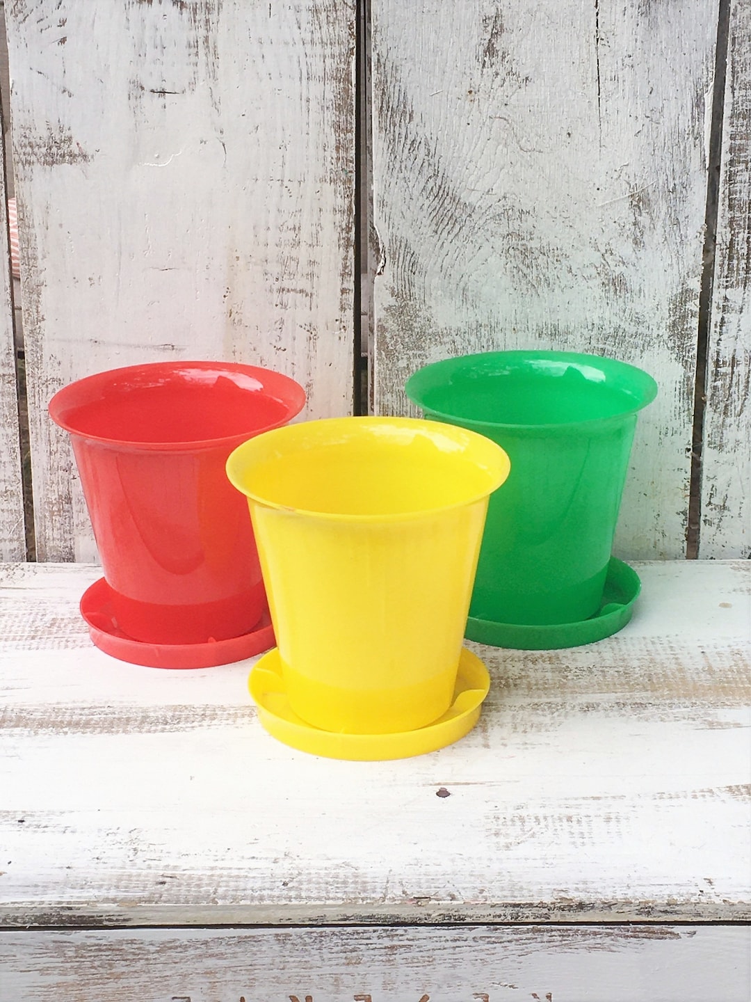 Vintage Flower Pots 1950s Hard Plastic Flower Pots in Red Green and Yellow, Flower Pot and