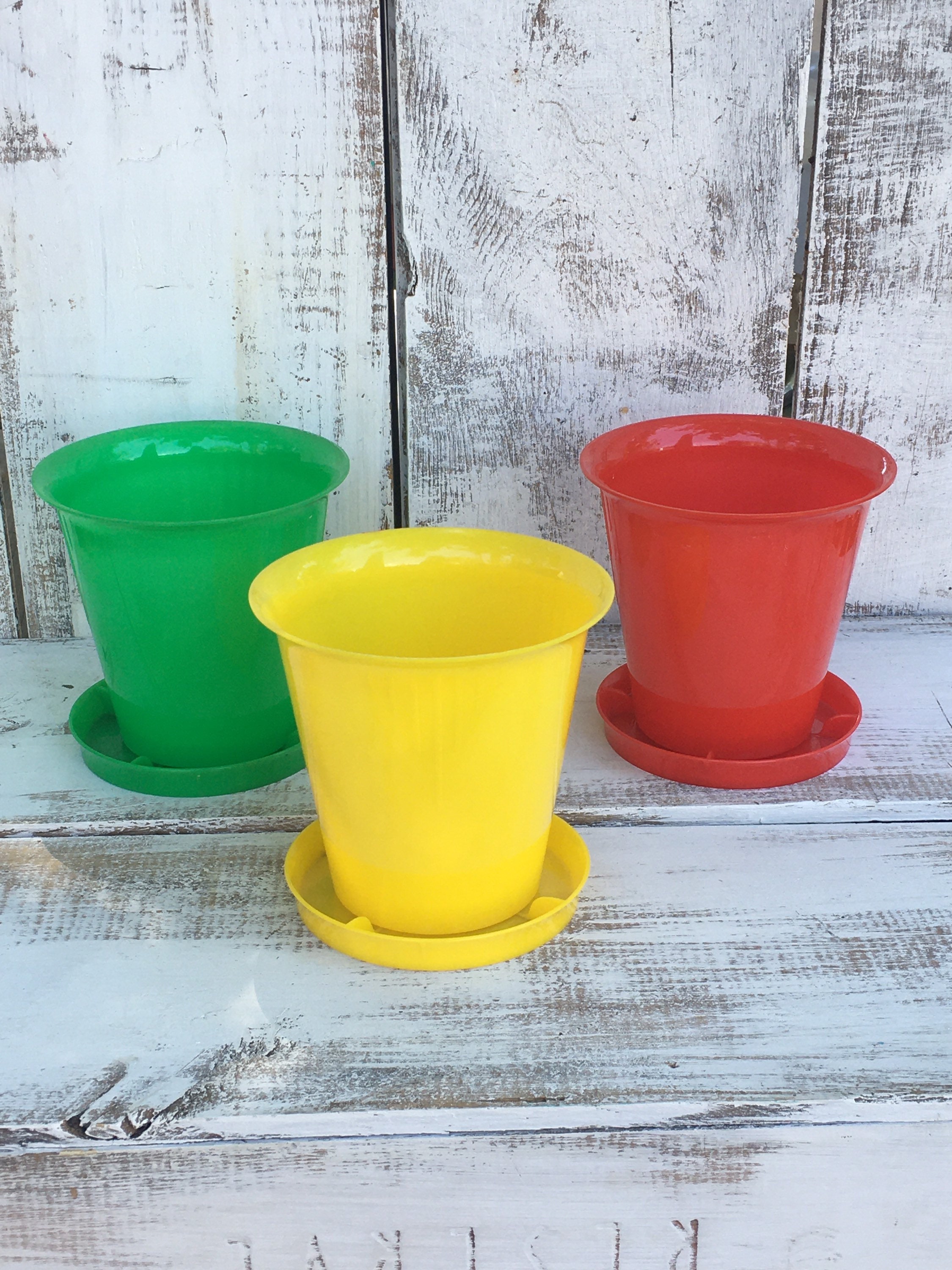 Vintage Flower Pots 1950s Hard Plastic Flower Pots in Red Green and Yellow, Flower Pot and