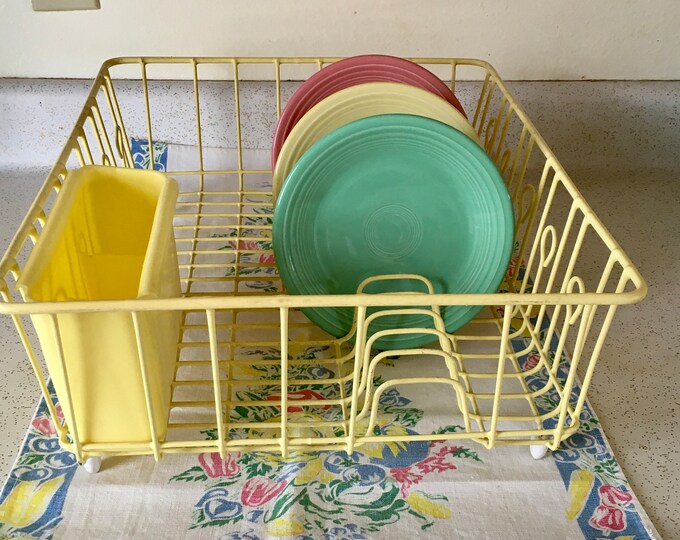 Vintage Dish Drainer, Yellow Dish Drying Rack, 1950s MCM Vinyl Coated