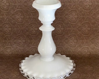 Fenton Silver Crest Art Glass, 5.5" tall Silver Crest Candlestick, Milk Glass 1940s