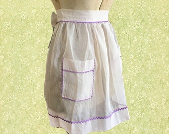 1950s Hostess Apron, Vintage Sheer Apron in White with Lavender Rickrack