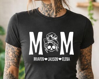 Personalized Spooky Mom Skull Shirt with Kids' Names, Comfort Colors Shirt, Custom Spooky Mama Shirt, Custom Mom Shirt, Spooky Mom Gift