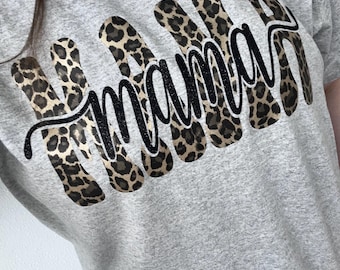 Leopard Print Mama Shirt with Glitter Black Vinyl, Comfort Colors Shirt, Gildan Mom Tee, Gift for Mom, Leopard Mom Shirt, Handmade Mom Shirt
