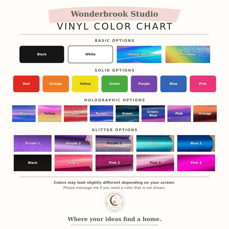 May include: A Wonderbrook Studio vinyl color chart displaying various options categorized as basic, solid, holographic, and glitter. The chart includes labeled swatches in black, white, rainbow, and a wide spectrum of colors, with text at the bottom.