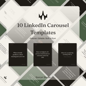 Puede incluir: Un gráfico digital que muestra 10 LinkedIn Carousel Templates con el texto 10 LinkedIn Carousel Templates, Editorial. Editable. Built to Post. Sovryn Studio, y tres paneles rectangulares negros con texto de marketing específico.