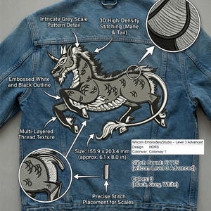 May include: A denim jacket with an embroidered unicorn design. The design uses black, grey, and white thread, featuring intricate scale patterns and multi-layered textures. The jacket's dimensions are approximately 155.9 x 203.4 mm.