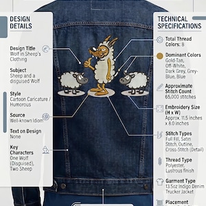 May include: Indigo denim trucker jacket with a large back embroidery. The design features a cartoon wolf in sheep's clothing with two sheep. The embroidery size is approximately 11.5 inches x 8.0 inches.