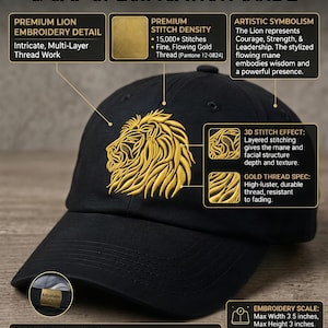 Puede incluir: Gorra negra de sarga de algodón con bordado de león dorado. La gorra tiene una correa trasera ajustable y bordado a mano. El bordado tiene una anchura máxima de 8,9 cm y una altura máxima de 7,6 cm.