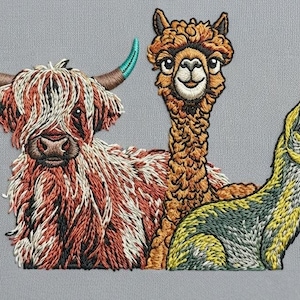 Farm Animal Trio Embroidery Design – Highland Cow, Alpaca, Kangaroo (Instant Download)