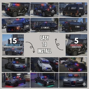 Puede incluir: Un collage de imágenes que muestra varios vehículos policiales y SWAT negros, incluidos SUV, furgonetas y camiones blindados, con luces de emergencia rojas y azules. Se muestra el texto "EASY TO INSTALL", junto con "15 POLICE PACK UNMARKED DEBADGED" y "5 SWAT-PACK DEBADGED".
