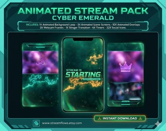 Paquete de gráficos animados Cyber Emerald para transmisiones en vivo / Twitch, YouTube y Kick (descarga digital)