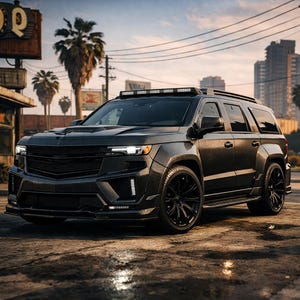 Könnte beinhalten: Ein schwarzer SUV mit einem Custom-Bodykit, schwarzen Rädern und einer Dachlichtleiste. Das Fahrzeug parkt auf einer nassen Straße mit Palmen und Gebäuden im Hintergrund. Das Auto hat eine matte Oberfläche.