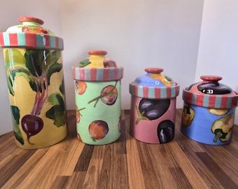 Droll Designs Debi Hron Townsend Fruit Canister Set 4 Pc Hand Painted