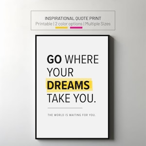 Puede incluir: Una impresión enmarcada con el texto "GO WHERE YOUR DREAMS TAKE YOU." en fuente negra sobre un fondo blanco. La palabra "DREAMS" está resaltada en amarillo. La impresión también incluye el texto "THE WORLD IS WAITING FOR YOU." y "INSPIRATIONAL QUOTE PRINT".