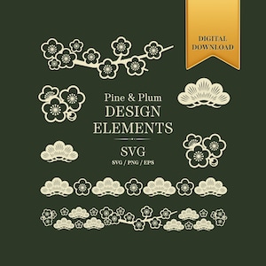 Puede incluir: Una colección de gráficos vectoriales de color crema con motivos de flores de pino y ciruelo sobre un fondo verde oscuro. El texto dice: DIGITAL DOWNLOAD, Pine & Plum DESIGN ELEMENTS, SVG, SVG / PNG / EPS. Son archivos de diseño digital.