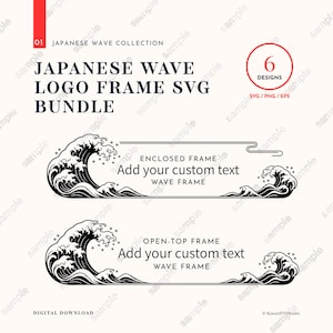 Puede incluir: Un paquete de descarga digital con seis diseños de marcos de logotipo de olas japonesas en formatos SVG, PNG y EPS. El gráfico muestra dos marcos en blanco y negro con motivos de olas y espacios para texto personalizado.
