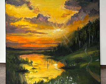 Original Summer Landscape Painting: Hand-Painted Guache Golden Sunset