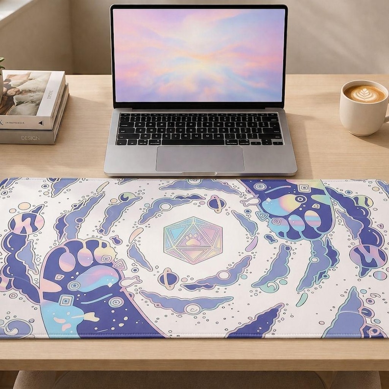 May include: A white desk mat with a colourful, whimsical design featuring blue, purple, and pink elements. The design includes a central geometric shape, stylized clouds, and planets. A laptop, books, and a coffee cup are on the desk.