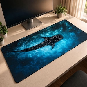 Puede incluir: Una alfombrilla de escritorio rectangular con un tiburón ballena nadando en un océano azul profundo. El tiburón ballena es oscuro con manchas blancas. El fondo tiene un degradado de tonos azules, creando una escena submarina. La alfombrilla está diseñada para un escritorio de ordenador.