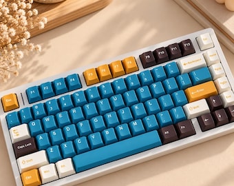 Blue Orange Keycaps, 143 Keys For Mechanical Keyboard Set, Cream Brown Cherry Profile Keys, Retro Gaming Desk Setup, Colorful PC Accessories