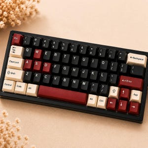 Puede incluir: Un teclado mecánico con marco negro y un juego de teclas multicolor. La disposición incluye teclas negras con letras blancas, teclas modificadoras de color crema y teclas de acento rojo oscuro en Esc, WASD, barra espaciadora y flechas.