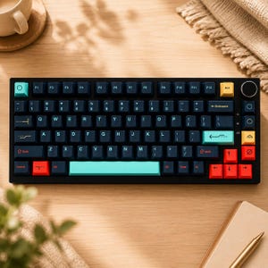 May include: A mechanical keyboard with a black frame and dark blue keycaps. It features a teal spacebar, teal escape key, and teal enter key. The keyboard includes red accent keys for shift, control, and arrow functions, plus a yellow end key.