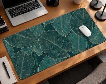 Gold Green Leaves Mouse Pad, Modern Office Decor, Aesthetic Botanical Art Desk Mat, Calm Nature Workspace Gift, Tropical Leaf XXL Gaming Pad