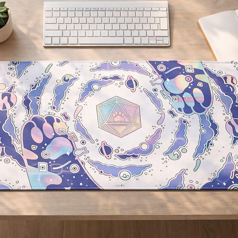 May include: A white desk mat with a whimsical design featuring a central geometric shape with a paw print, surrounded by swirling blue and purple clouds and planets. A keyboard and notebook are on the desk.