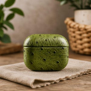 May include: A green, textured, leather-like box with a rounded top and black dot details. The box is sitting on a beige cloth, with a blurred background of plants and a woven basket.