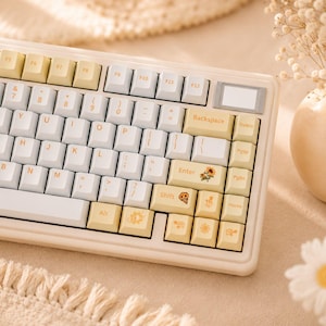 Yellow Sunflower Keycaps, Cream Gaming Keyboard Keycap Set, Cute PBT Mechanical Keyboard Keys, 133 ISO Cherry Profile Computer Accessories