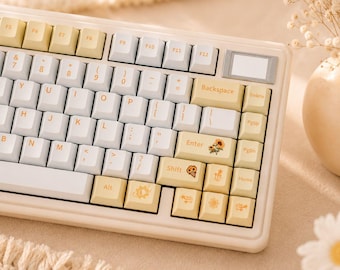 Yellow Sunflower Keycaps, Cream Gaming Keyboard Keycap Set, Cute PBT Mechanical Keyboard Keys, 133 ISO Cherry Profile Computer Accessories