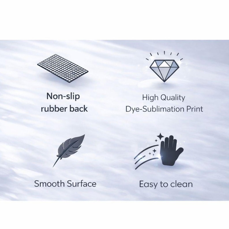 May include: Image with four icons and text. The icons include a black grid, a diamond, a feather, and a hand. The text reads: "Non-slip rubber back", "High Quality Dye-Sublimation Print", "Smooth Surface", and "Easy to clean."