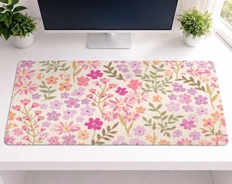 Pastel Floral Desk Mat, Workspace Computer Accessories, Dreamy Botanical Pattern Mousepad, Large Desktop Mat Aesthetic, Cute Workspace Gift 