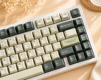 Retro Beige Green Keycap Set For Mechanical Keyboard, PBT Cherry Profile, MX Compatible Gaming Keycaps, Cute Caps For Gamer Workspace Setup