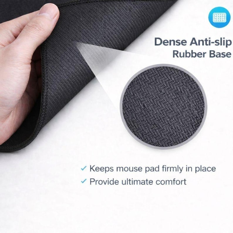 May include: A black mouse mat with a dense, anti-slip rubber base. The image shows a close-up of the textured surface, with text indicating it keeps the mouse mat firmly in place and provides ultimate comfort.